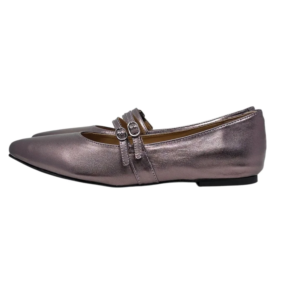 Trotters Emerald Pointed Toe Mary Jane Flats Pewter Metallic Leather 10 NIB $150